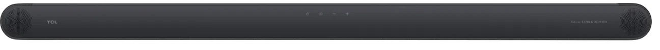 Eine lange schwarze Soundbar mit abgerundeten Enden, Lautsprechergittern, Touch-Steuerung und Logos.