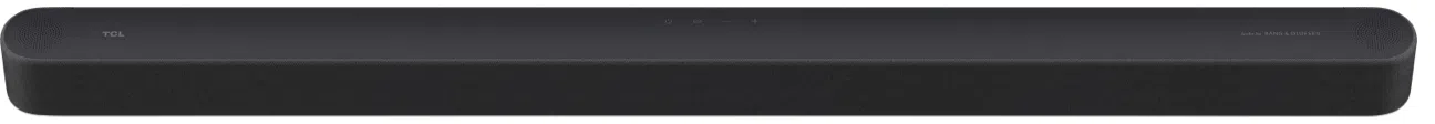 Langer, schwarzer Soundbar mit runden Kanten, Touch-Bedienelementen und Markenlogos auf weißem Hintergrund.