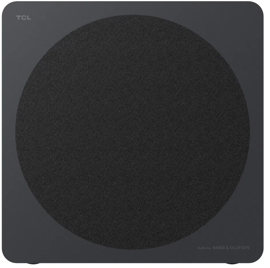 Ein schwarzer TCL-Subwoofer mit rundem Mesh-Gitter und Bang & Olufsen-Logo.