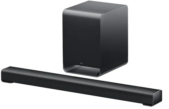Egy fekete TCL soundbar hozzáillő vezeték nélküli mélynyomóval fehér háttér előtt.