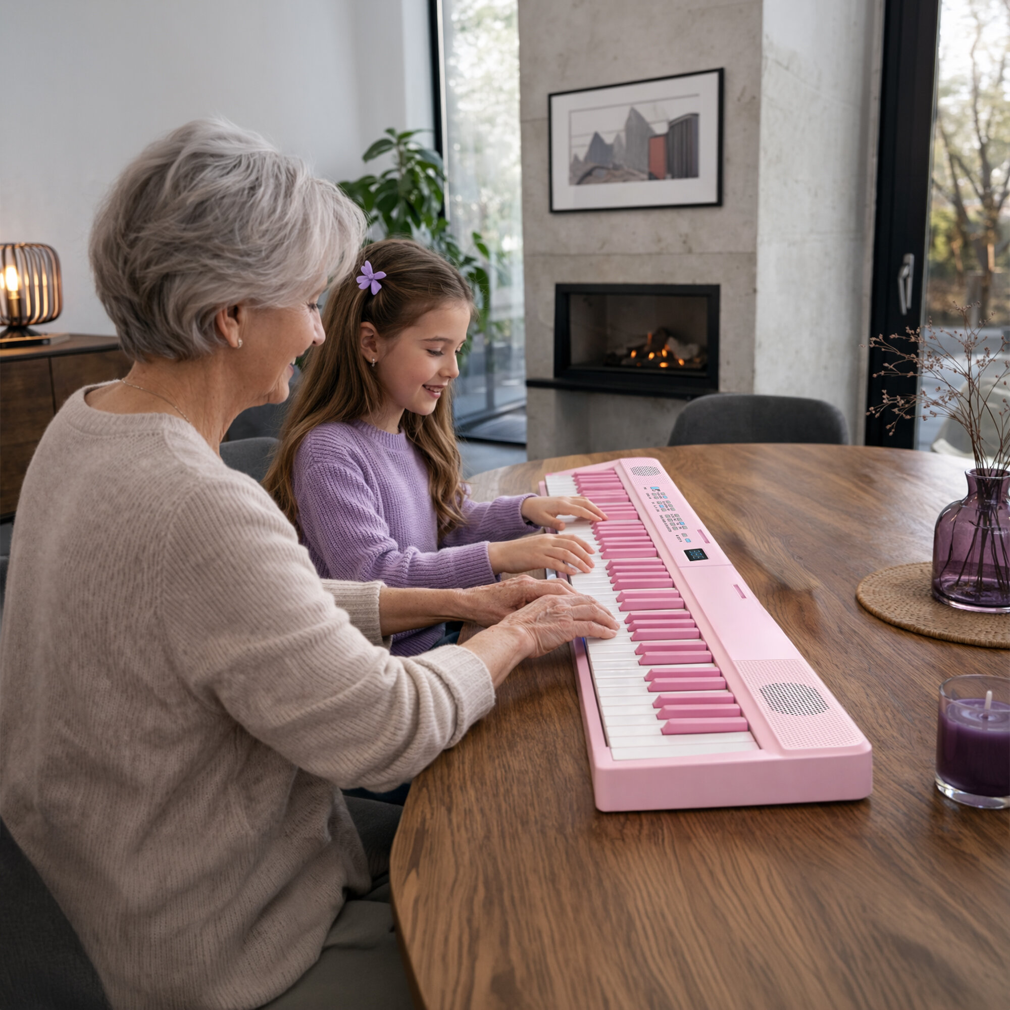 Starsza kobieta i młoda dziewczynka grają razem na jasnoróżowym keyboardzie przy drewnianym stole.