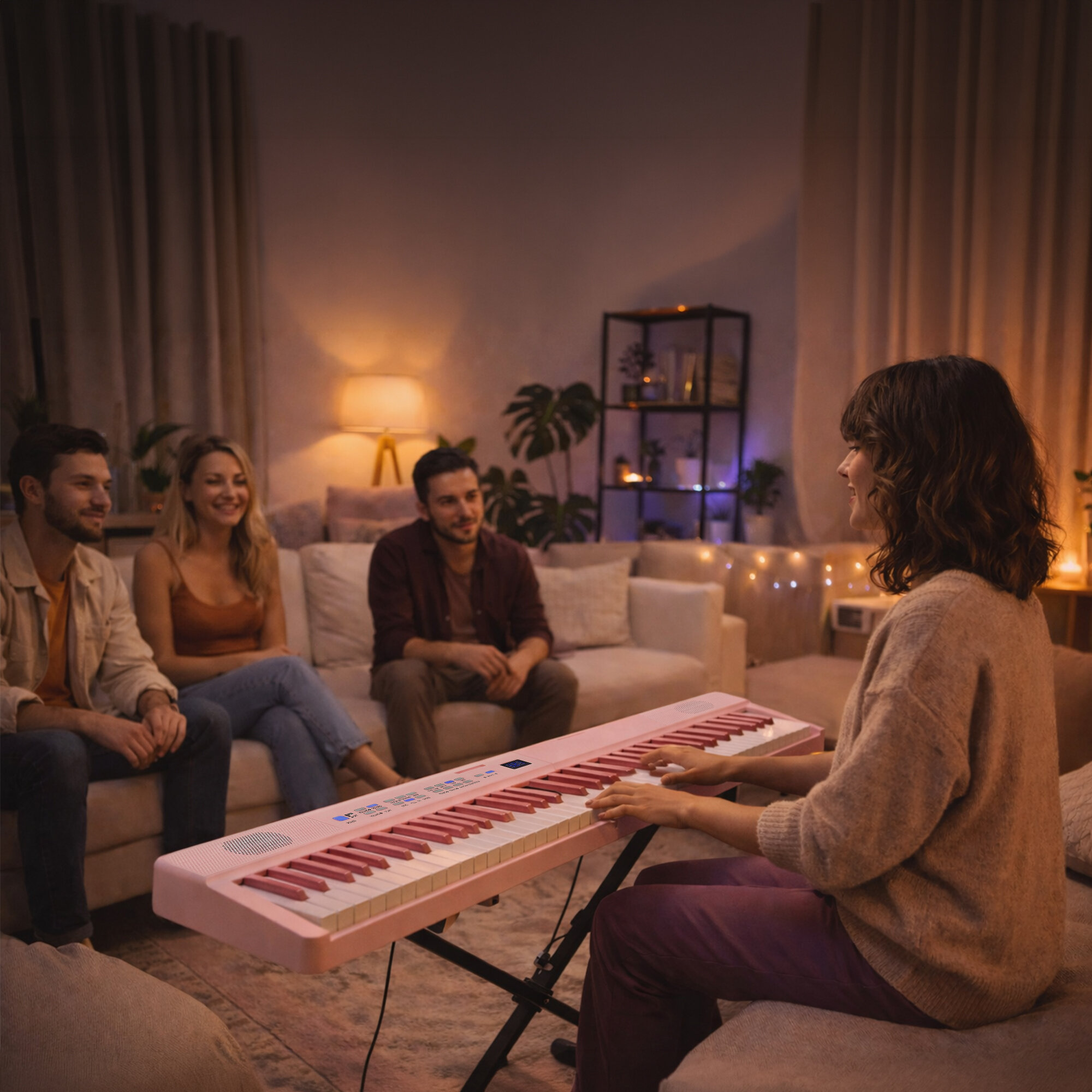 Kobieta gra na różowym keyboardzie w salonie, zabawiając troje przyjaciół siedzących na kanapie.