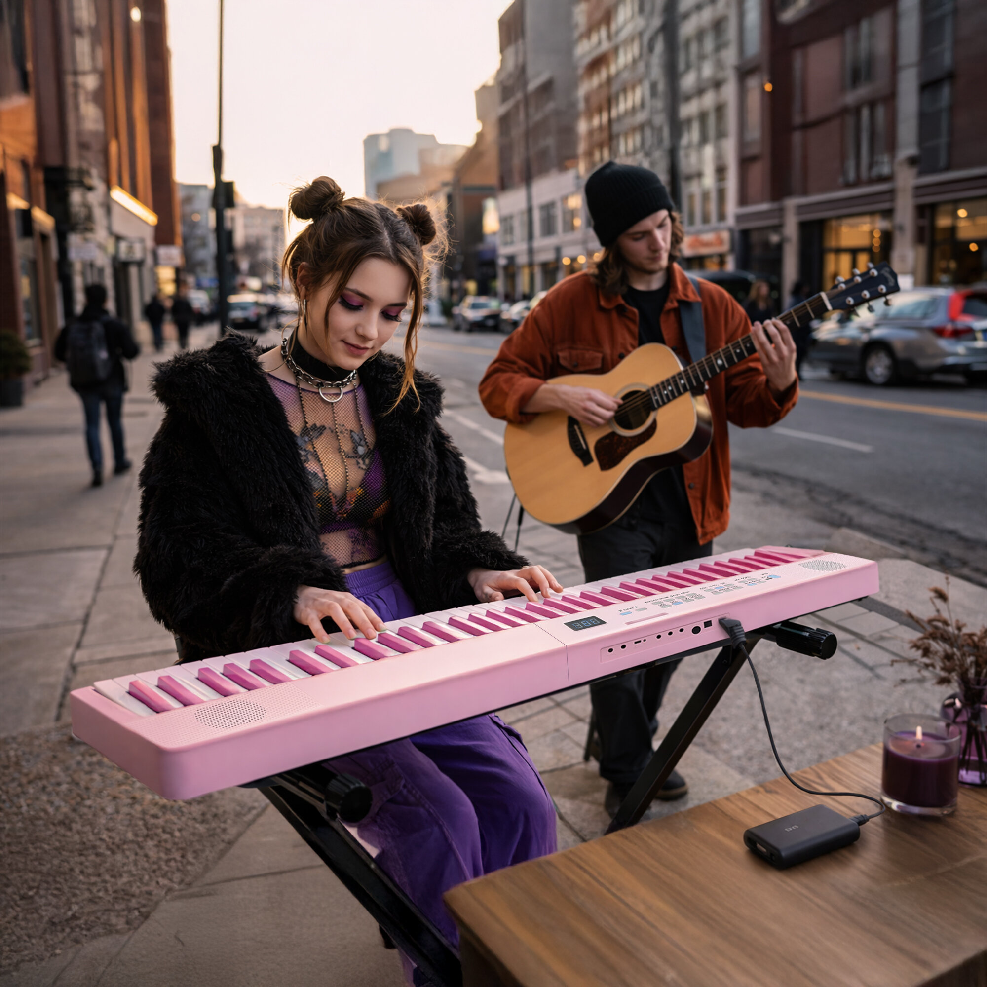 Muzycy uliczni: kobieta gra na różowym keyboardzie, mężczyzna za nią na gitarze akustycznej.