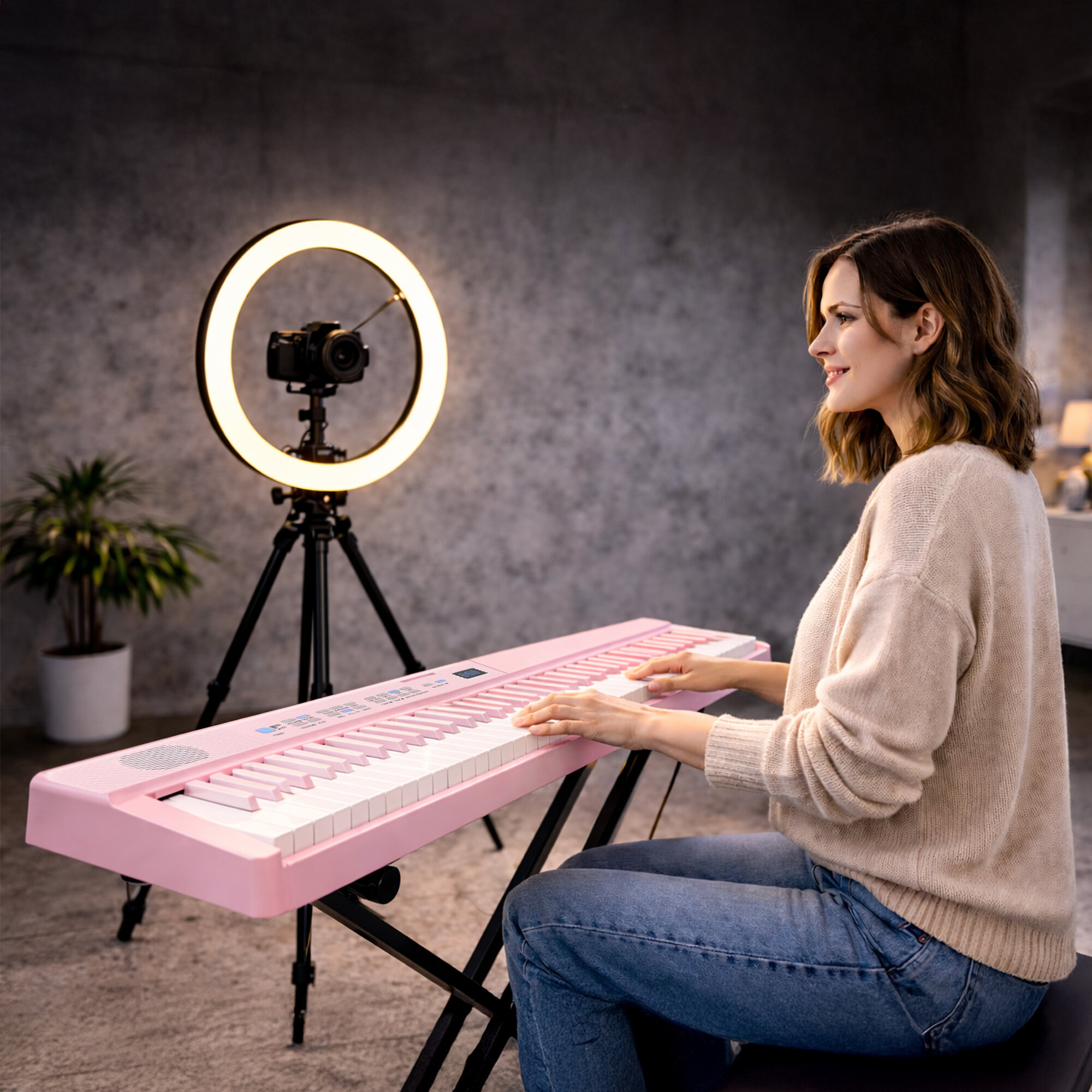 Kobieta gra na różowym keyboardzie, a w tle na statywie stoi lampa pierścieniowa do aparatu.
