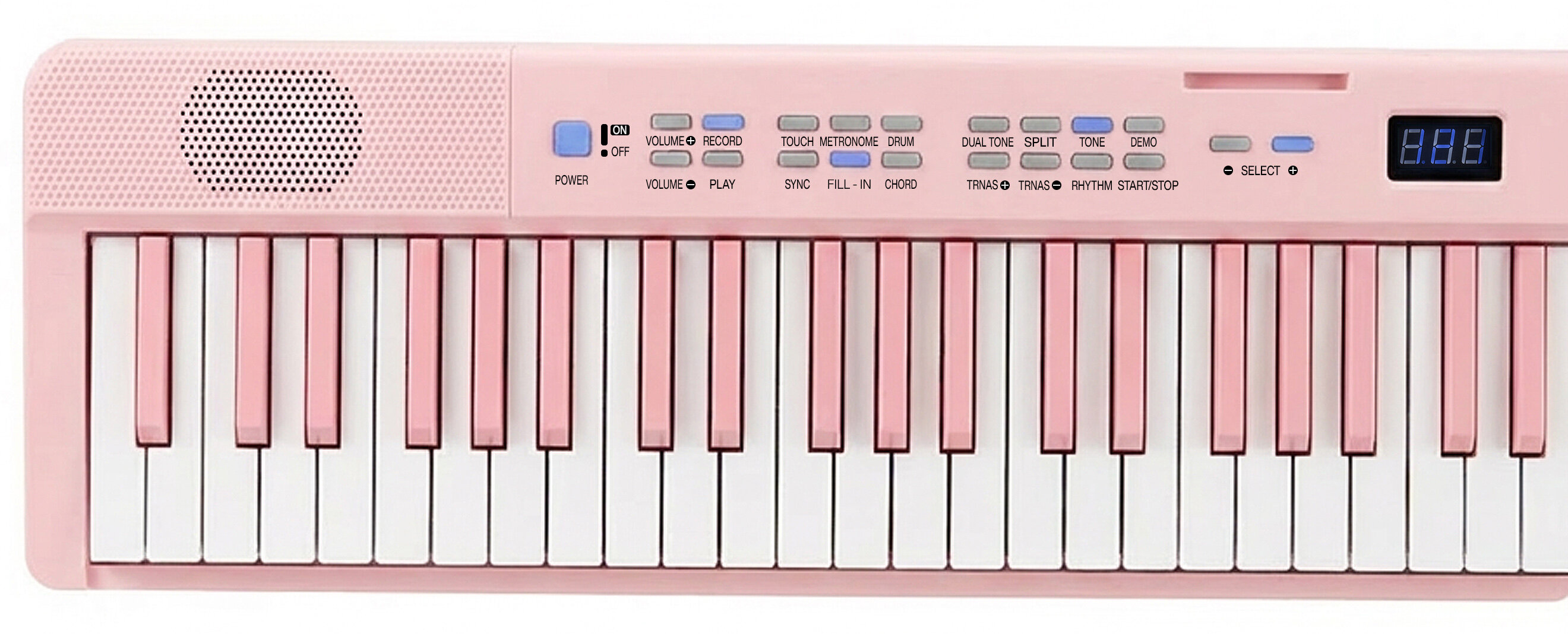 Różowy keyboard elektroniczny z białymi i różowymi klawiszami, przyciskami sterującymi i wyświetlaczem.