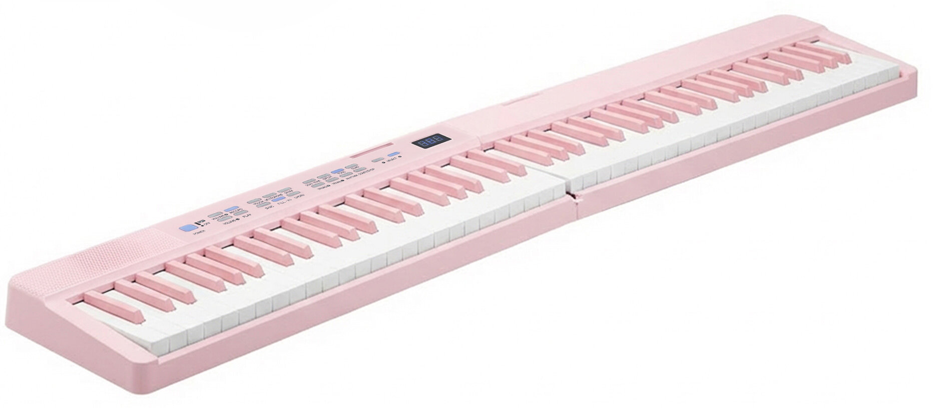 Długi różowy keyboard cyfrowy z białymi i różowymi klawiszami na białym tle.