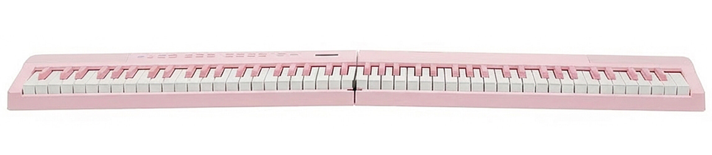 Długi różowy keyboard z białymi i różowymi klawiszami na białym tle.