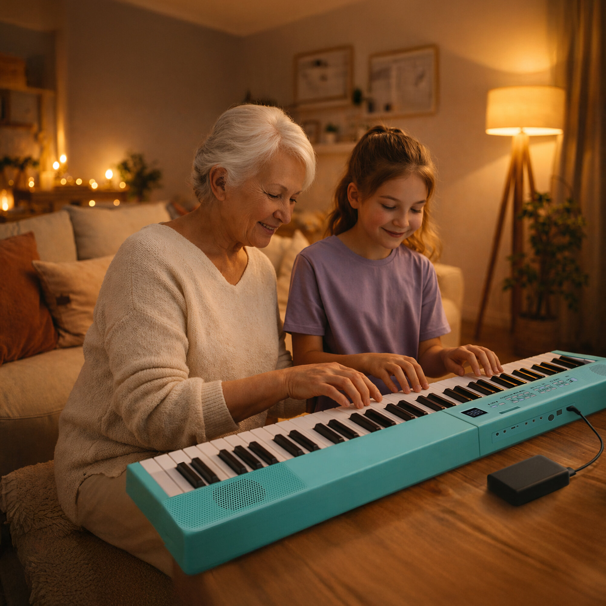 Starsza kobieta i młoda dziewczyna grają wspólnie na turkusowym keyboardzie w ciepło oświetlonym salonie.