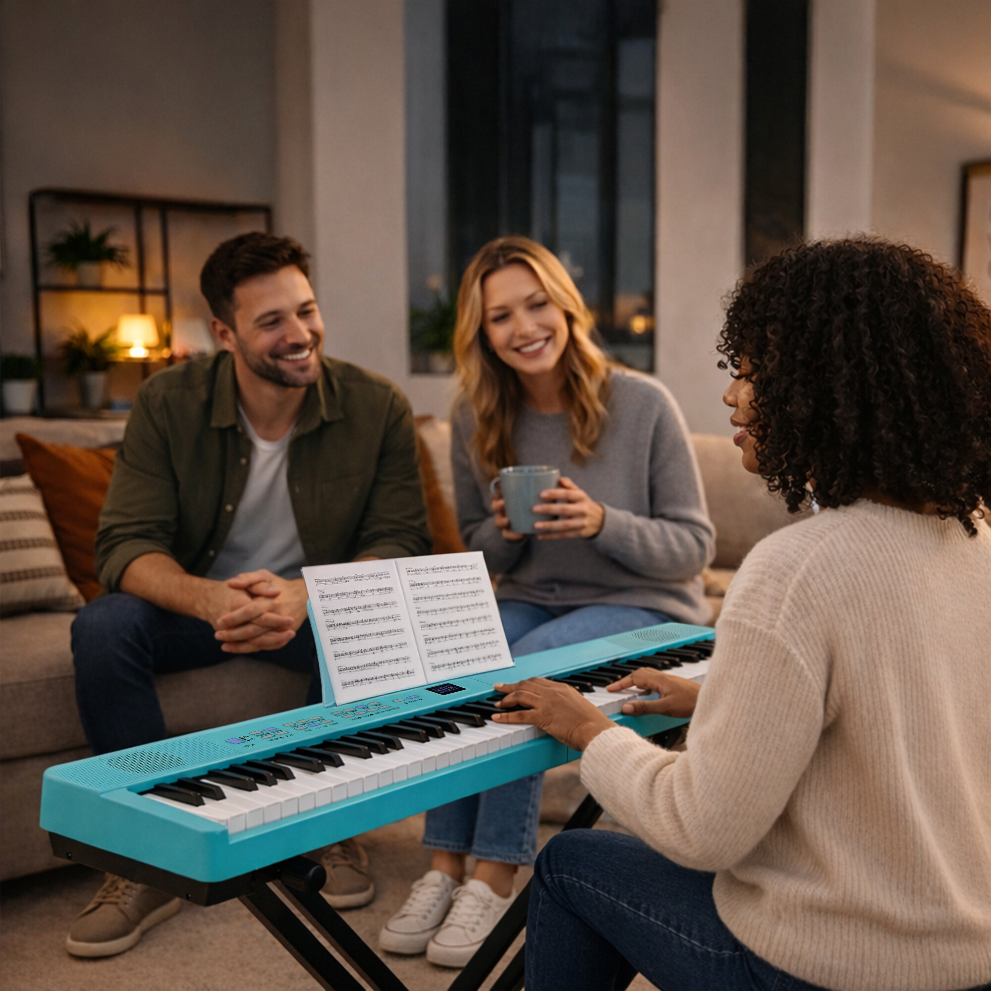 Kobieta gra na jasnoniebieskich keyboardzie z nutami, podczas gdy para patrzy.