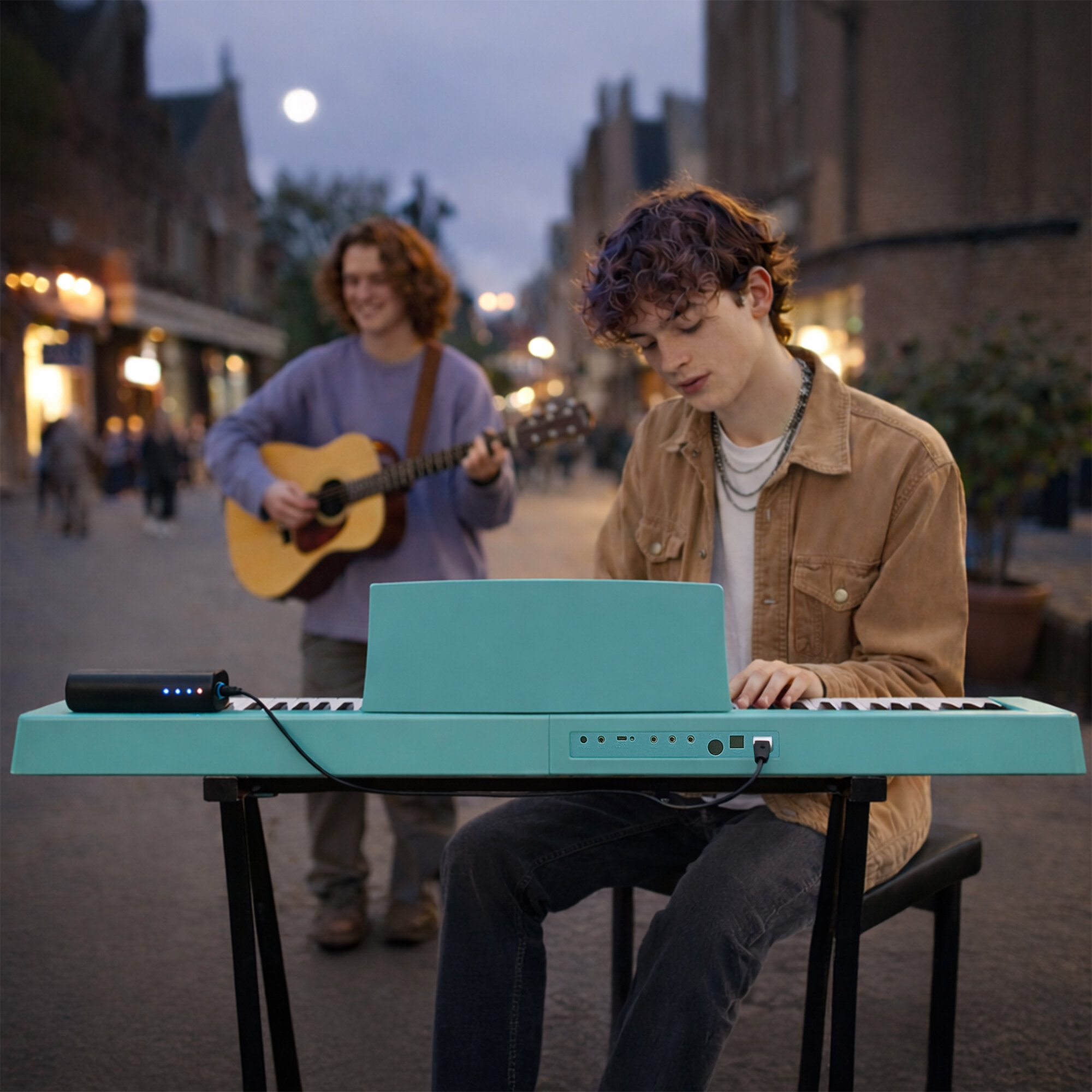 Dwóch młodych muzyków występuje na dworze o zmierzchu; jeden gra na pianinie, drugi na gitarze akustycznej.