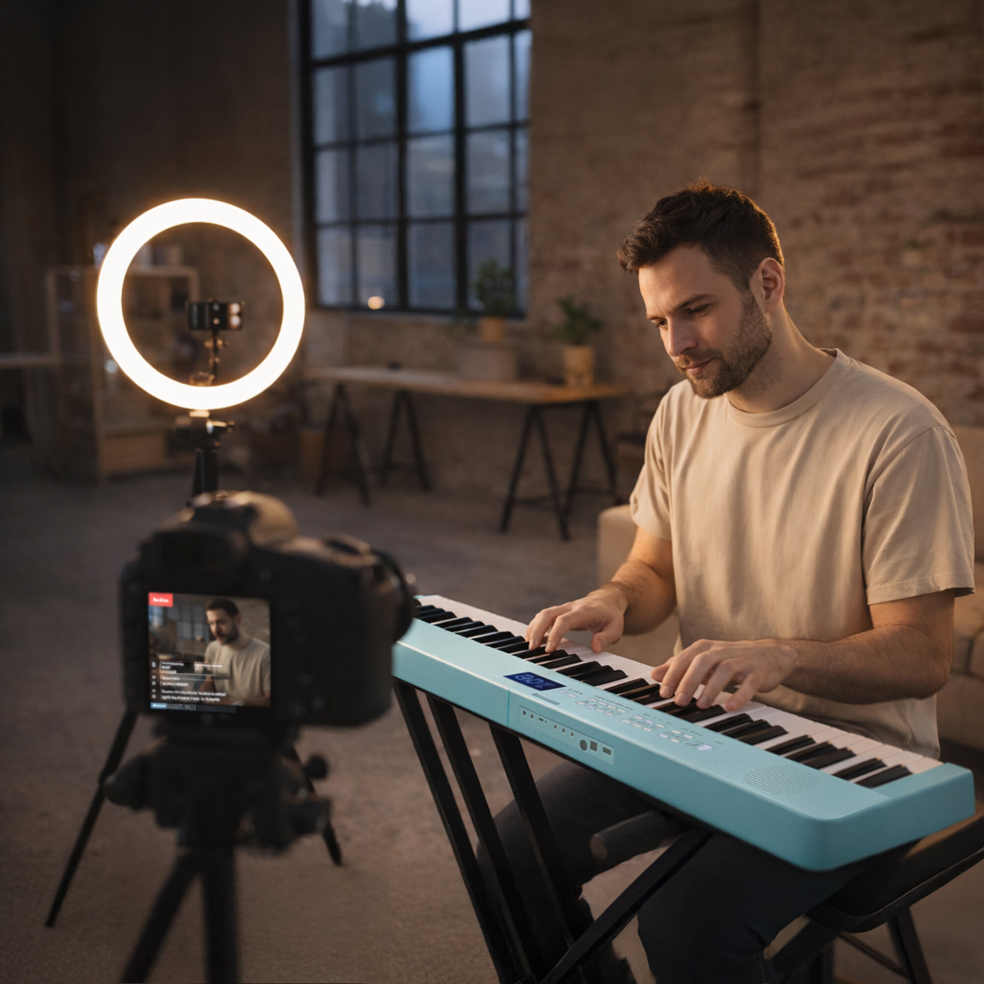 Mężczyzna gra na niebieskim keyboardzie w lofcie, nagrywając kamerą z lampą pierścieniową.