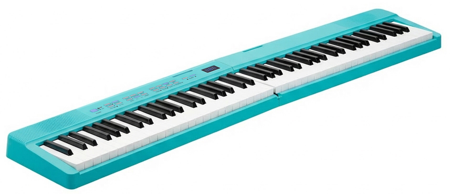 Turkusowy keyboard elektroniczny z czarno-białymi klawiszami na białym tle.