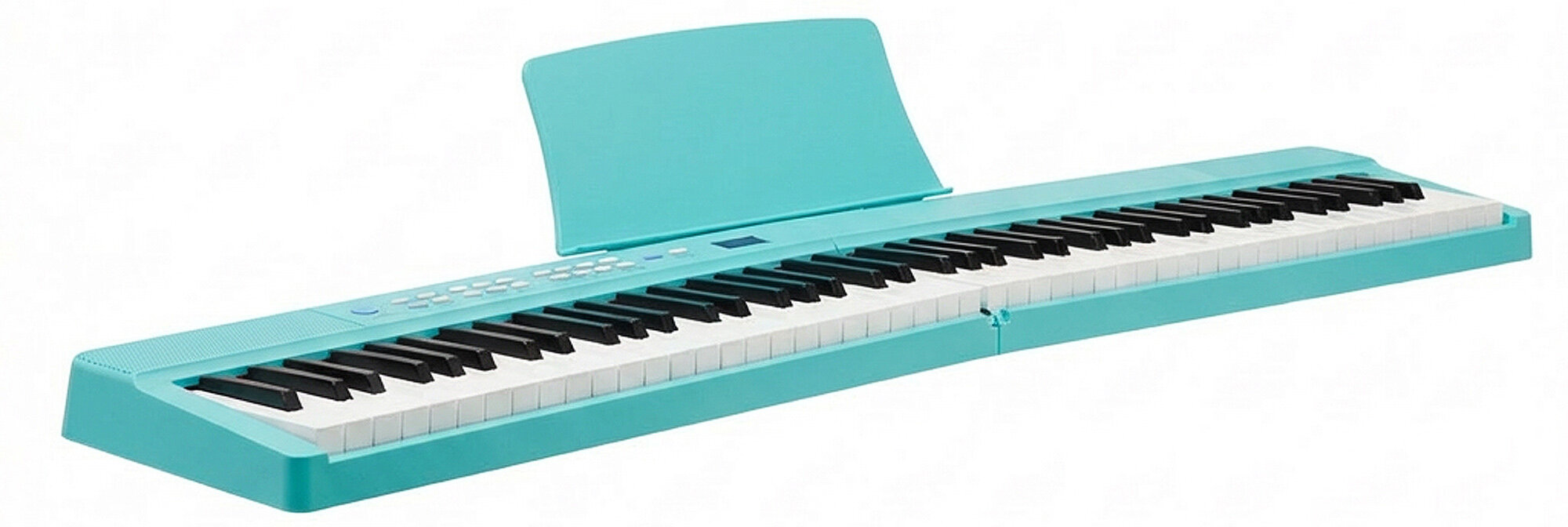 Jasnoniebieski keyboard elektroniczny z czarno-białymi klawiszami na białym tle.