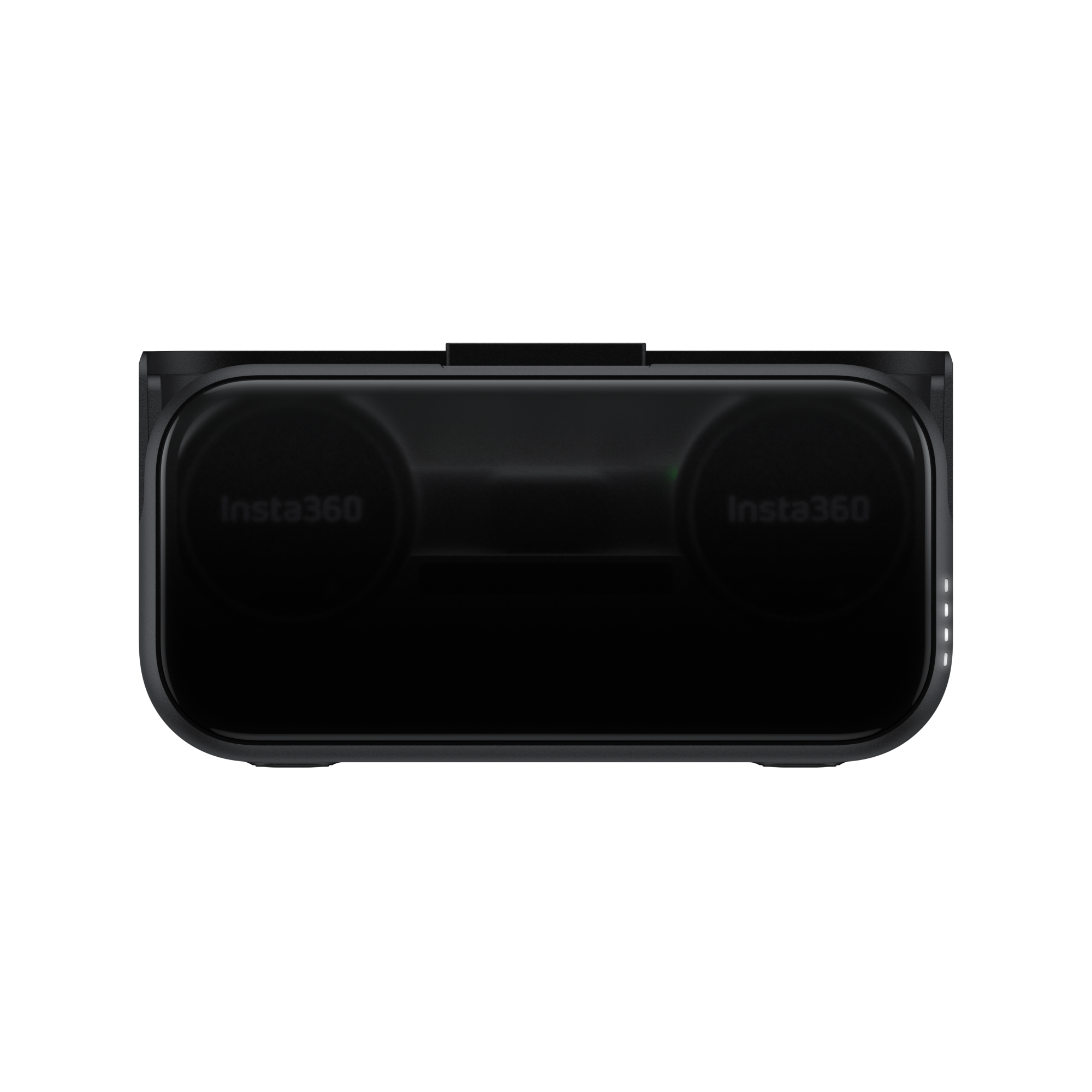 Schwarzes Insta360-Gerät auf dunklem Hintergrund mit Batteriestandsanzeige.