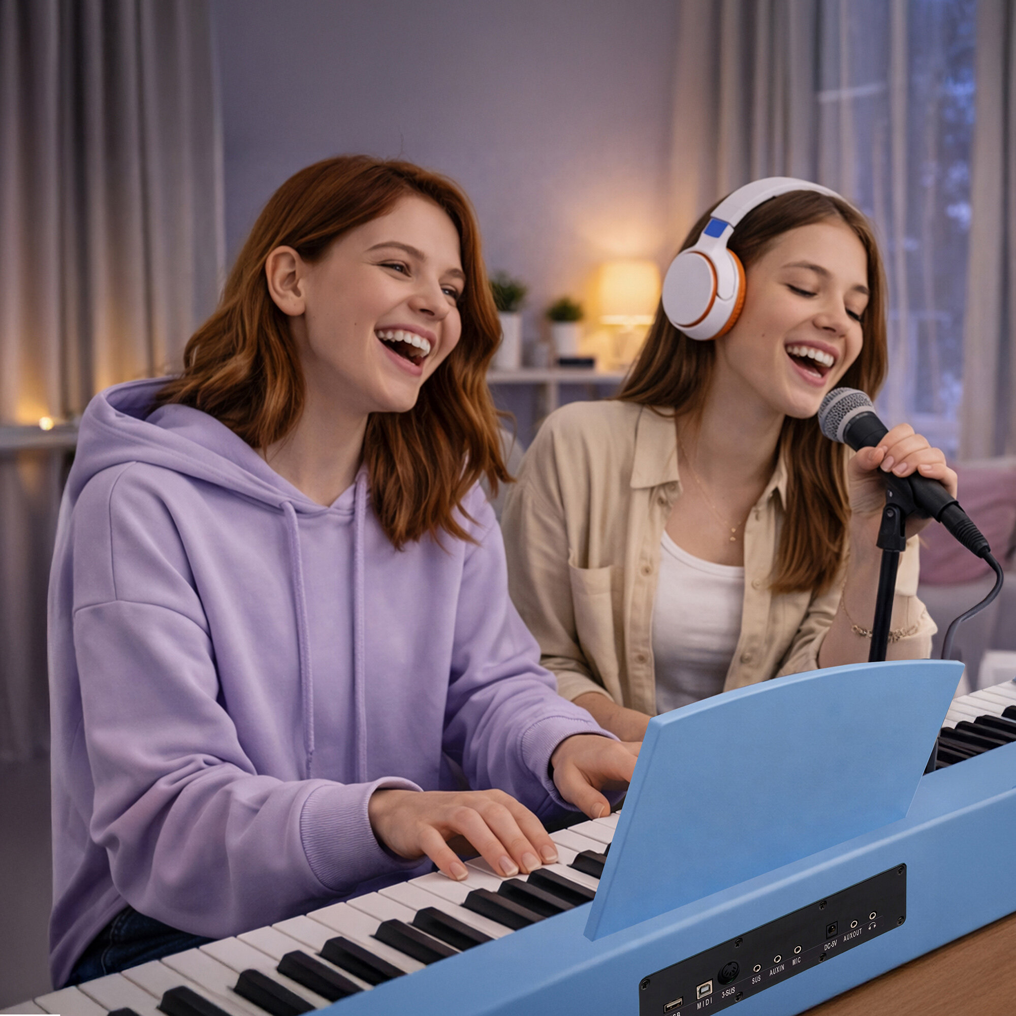 Dwie młode kobiety uśmiechają się, grając na niebieskim keyboardzie i śpiewając do mikrofonu.