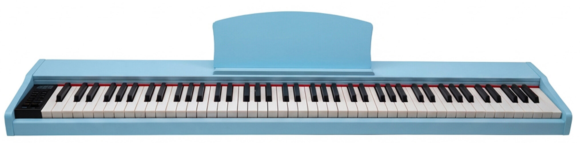 Jasnoniebieskie pianino elektroniczne z czarnym panelem sterowania i pulpit na nuty na białym tle.