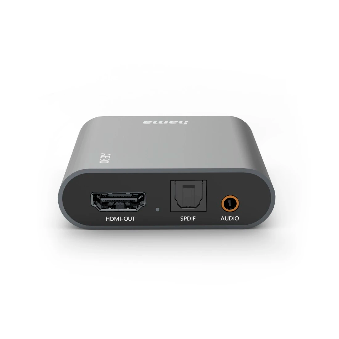 Grauer Audio-Extractor mit HDMI-OUT, SPDIF und Audio-Anschlüssen auf der Vorderseite gegen weißen Hintergrund.