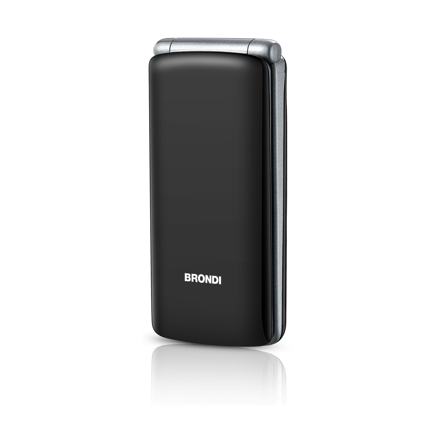 Un telefono cellulare a conchiglia Brondi nero chiuso si trova in verticale su sfondo bianco con riflesso.