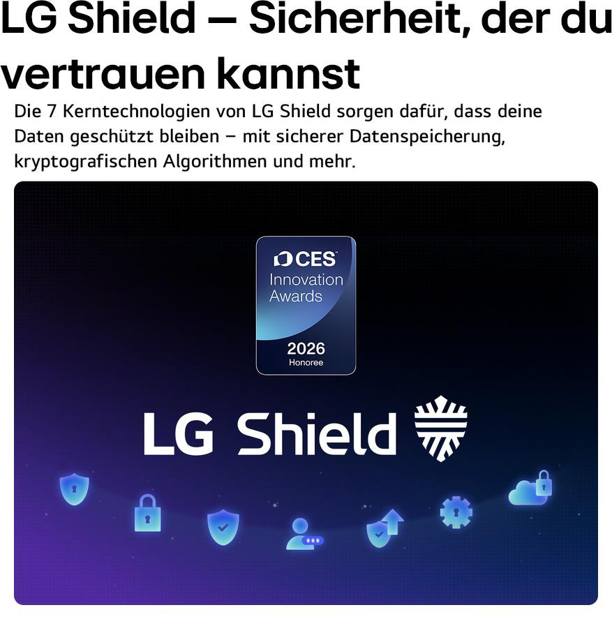 LG Shield 2026 CES Innovation Awards Banner mit sieben Sicherheitsikonen auf dunklem Hintergrund.