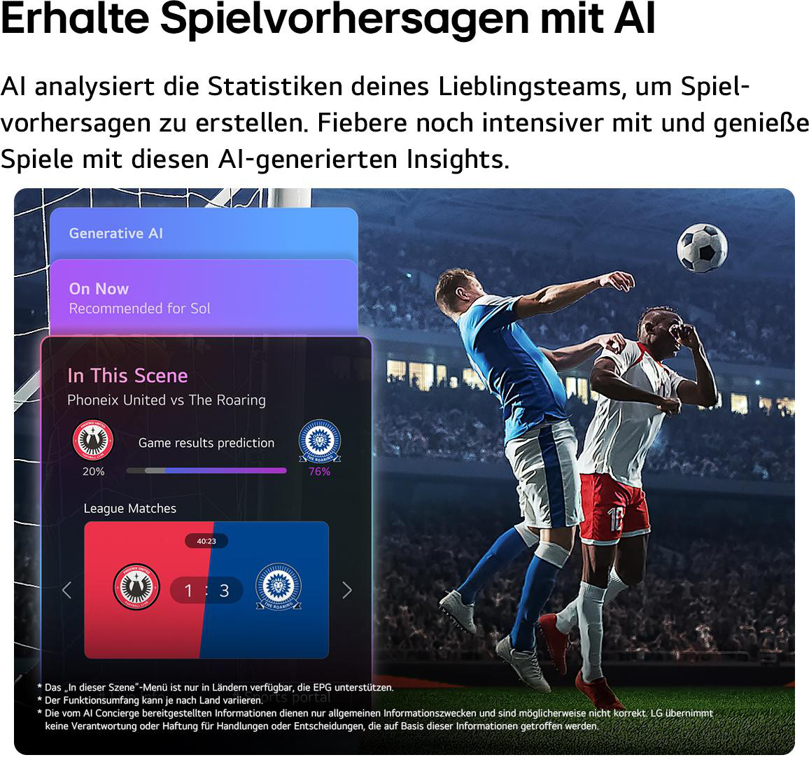 Ein Fußballspiel im Hintergrund und ein KI-Spielvorhersage-Menü im Vordergrund.