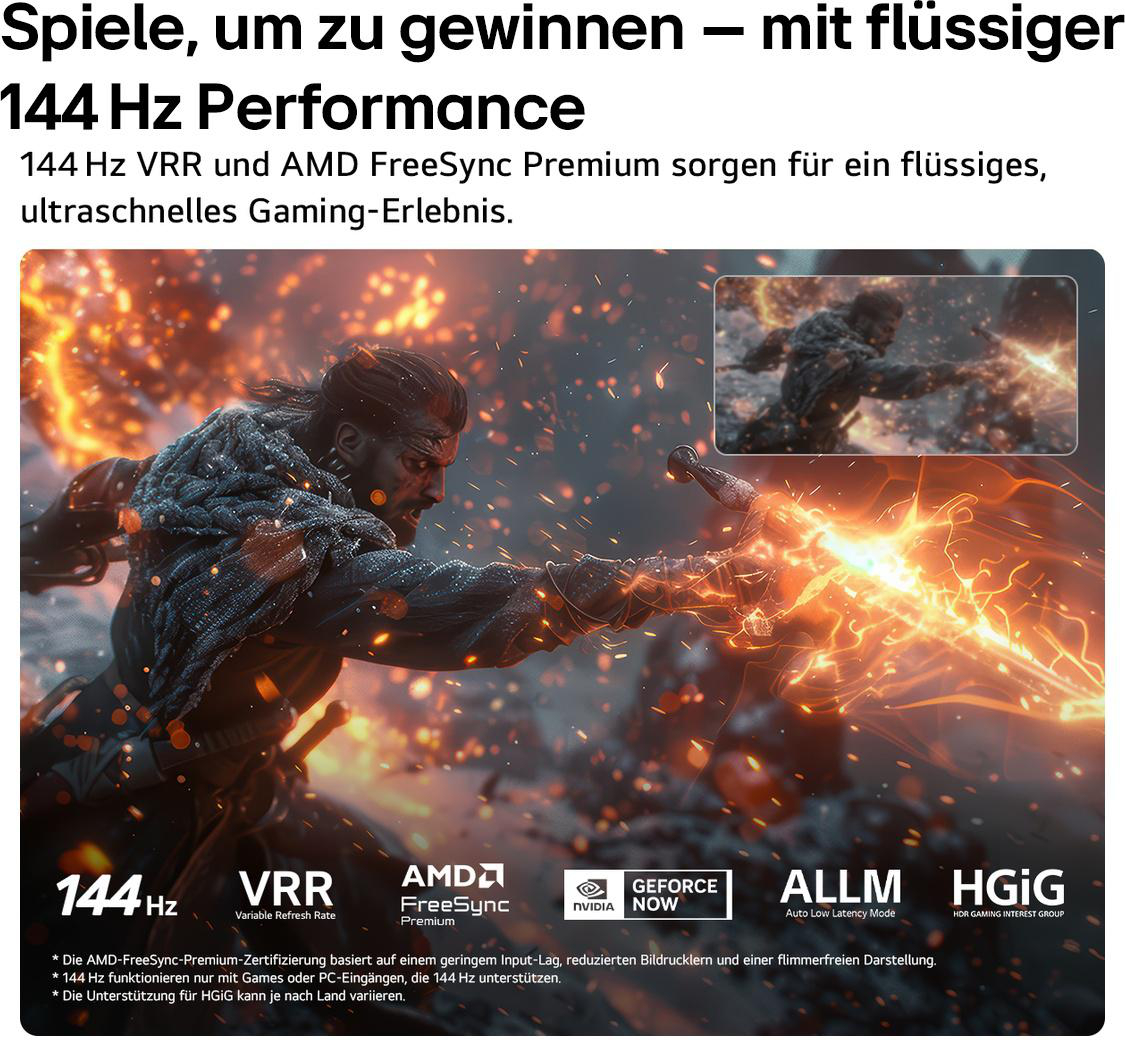 Gaming-Banner mit 144 Hz, VRR und AMD FreeSync Premium für flüssiges Spielen.