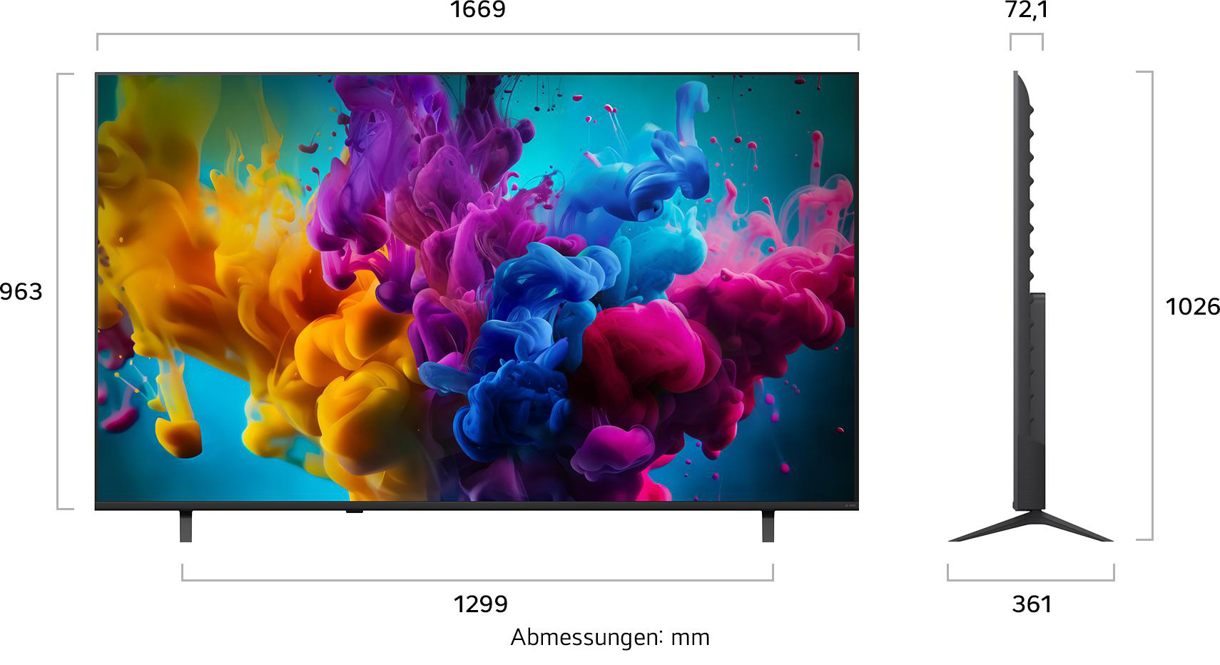 Technische Zeichnung der TV-Abmessungen in Millimetern.