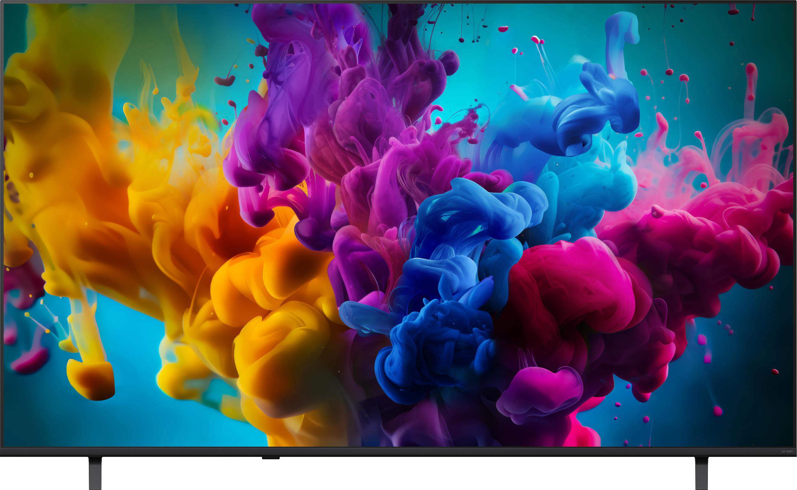 Vibrant and colorful ink clouds swirling in water against a bright turquoise background.