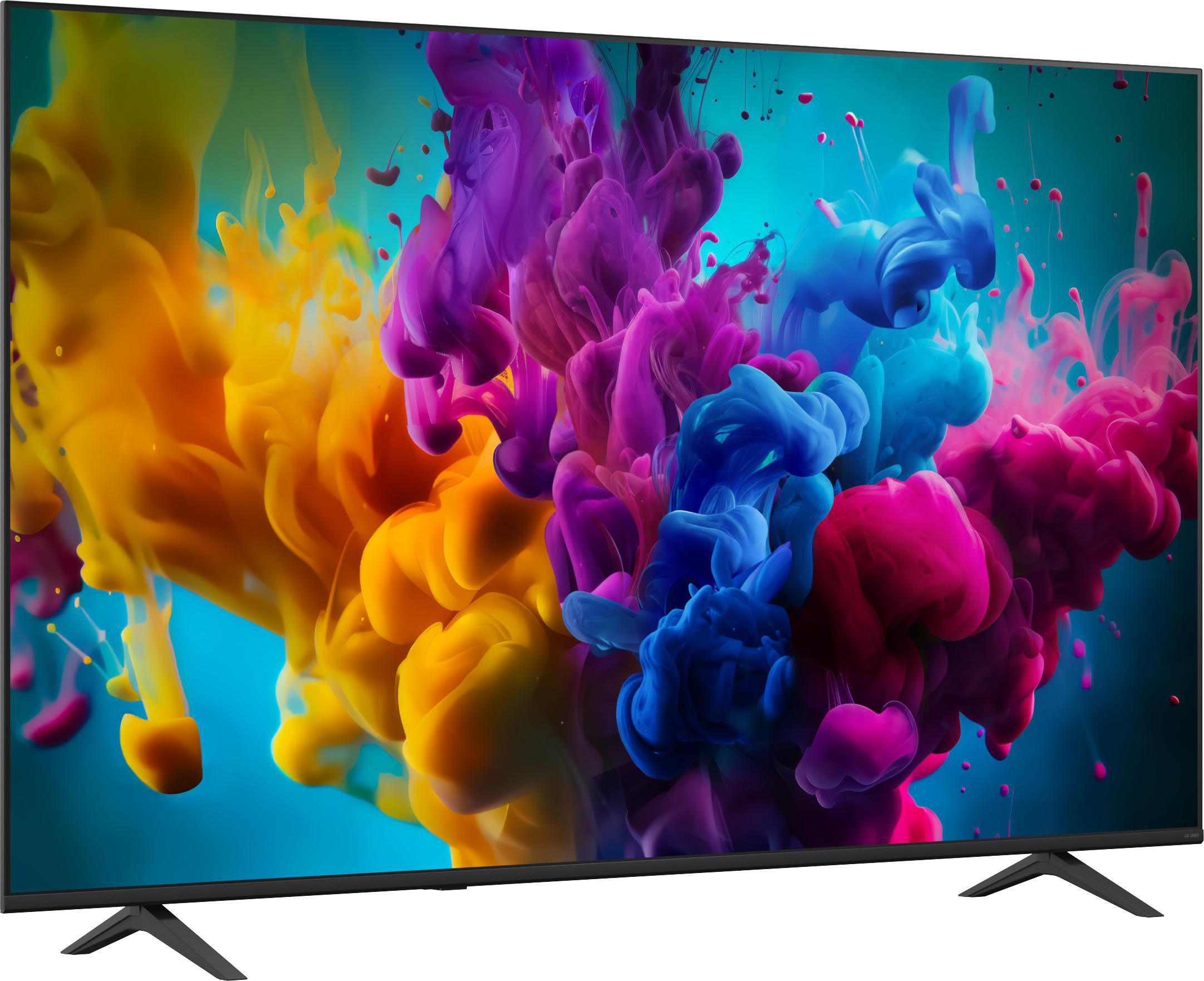 Ein Flachbildfernseher zeigt eine bunte Explosion aus gelben, violetten, blauen und pinken Farben auf blauem Grund.