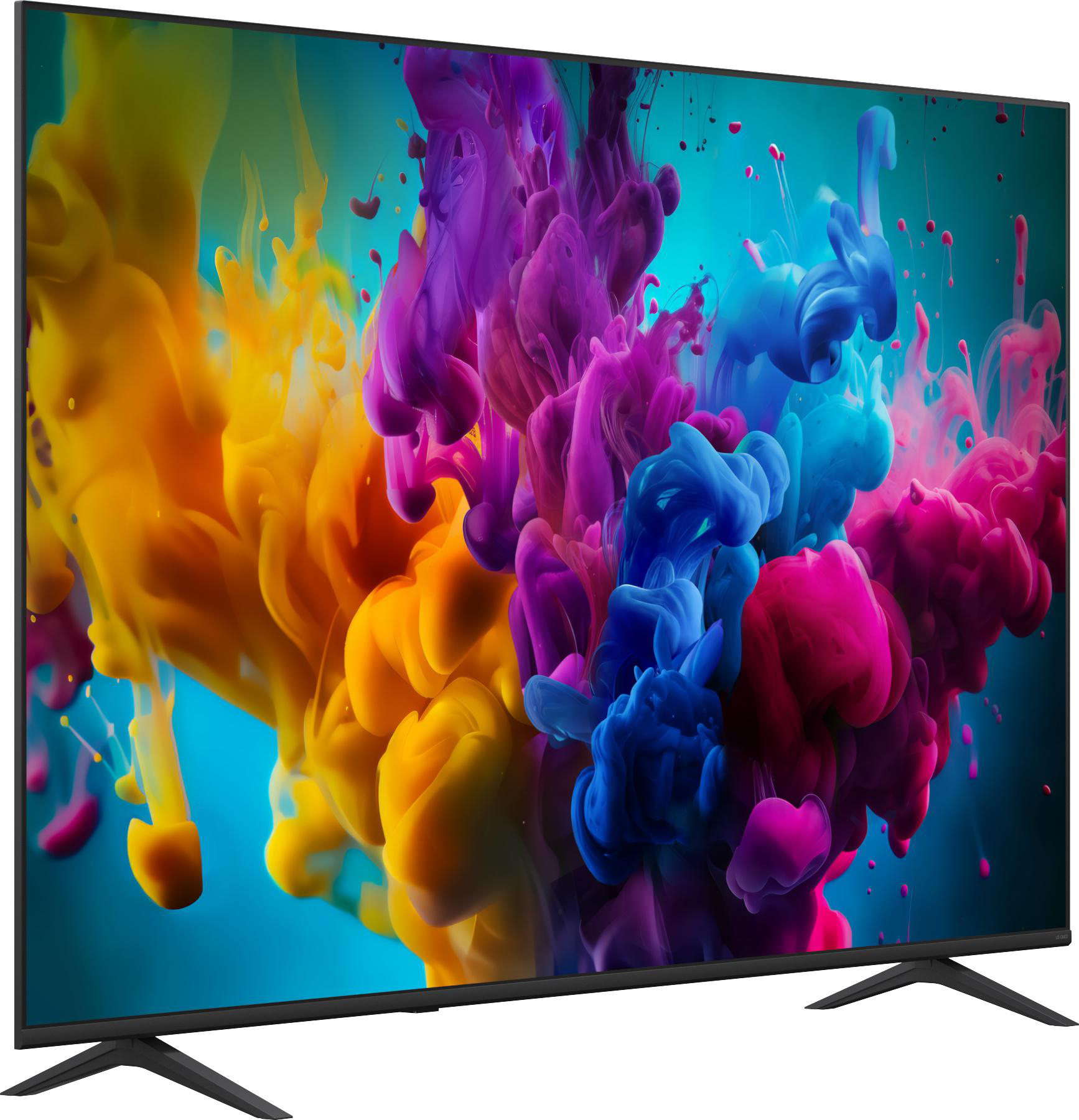 Flachbildfernseher mit lebendigen, abstrakten Farbexplosionen in Gelb, Violett und Blau auf dem Bildschirm.