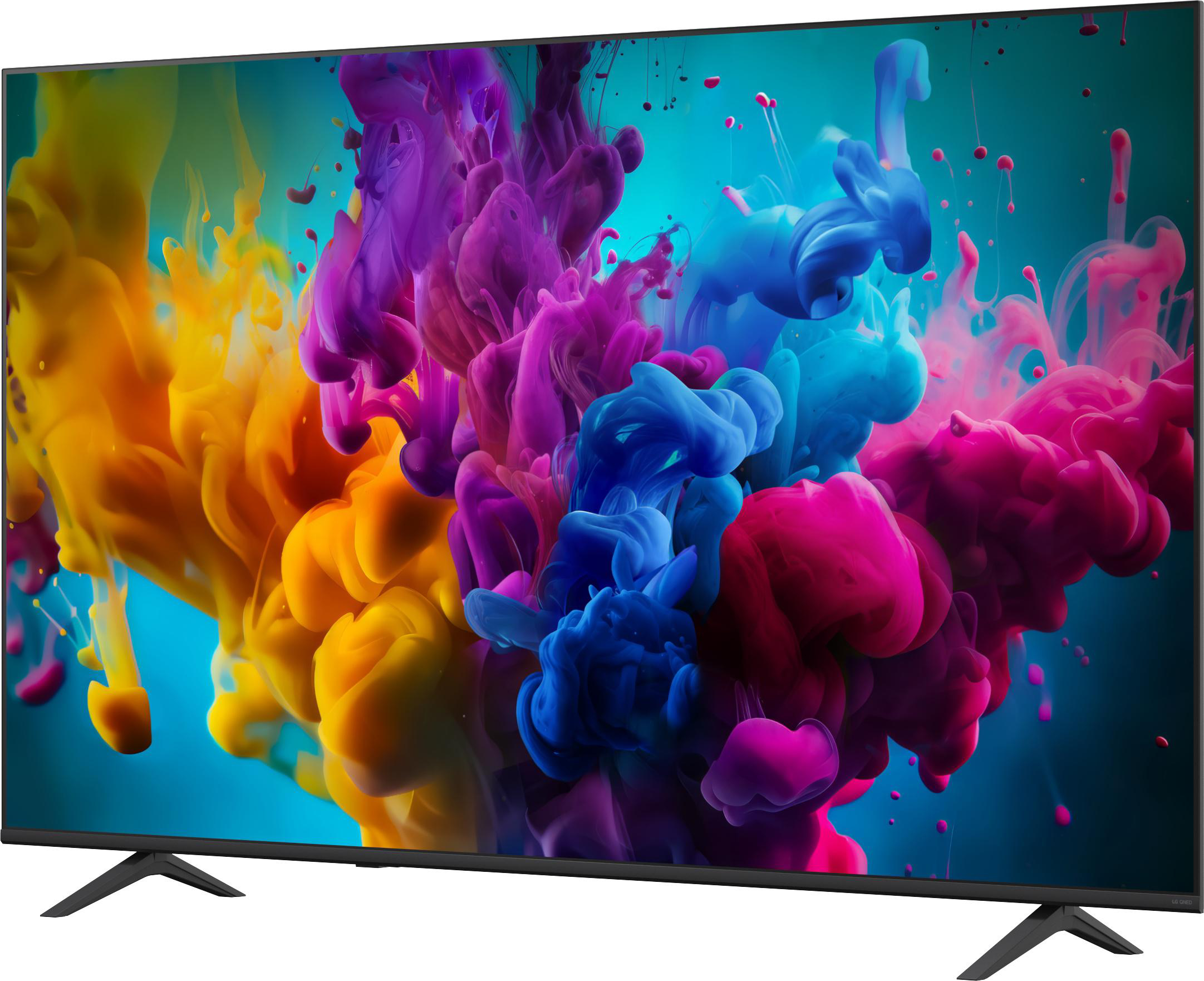Ein Fernseher zeigt ein farbenfrohes Display mit wirbelnden gelben, violetten, blauen und pinken Tintenwolken.