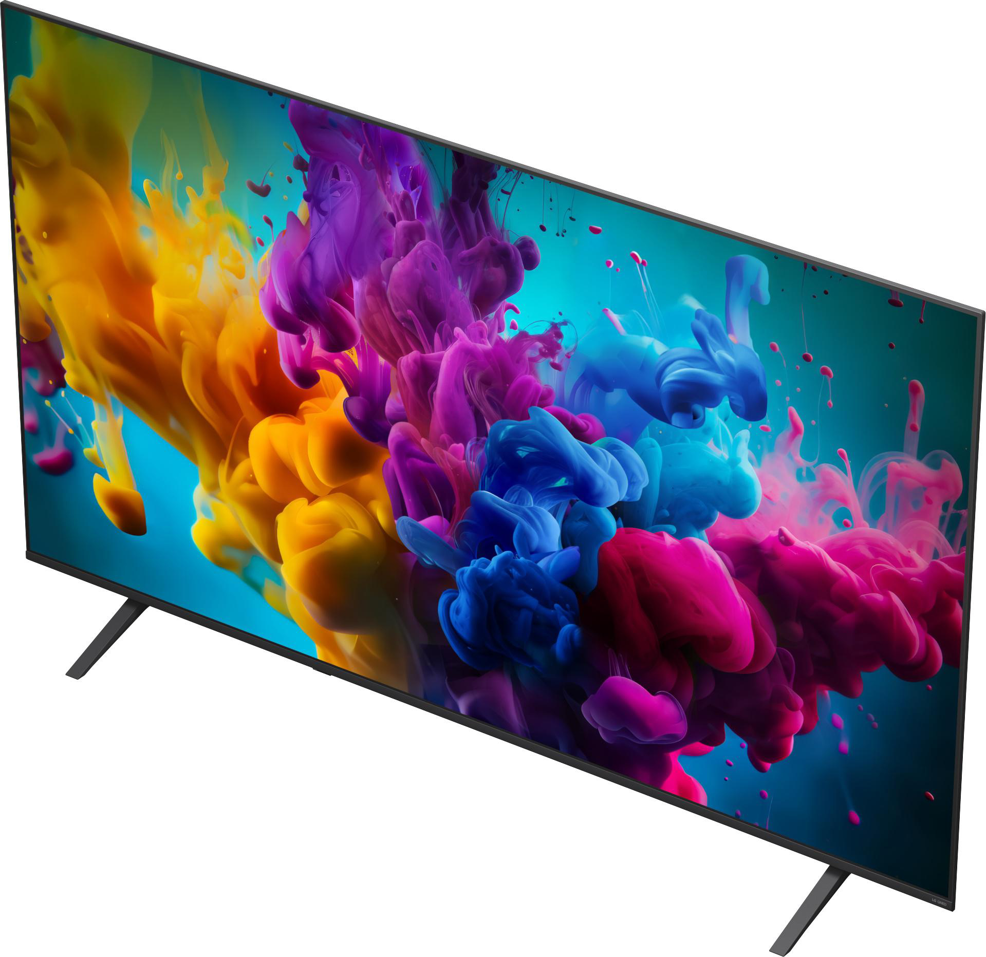Flacher Fernseher auf zwei Standfüßen mit einem Display, das bunte Farbexplosionen in Gelb, Violett und Blau zeigt.