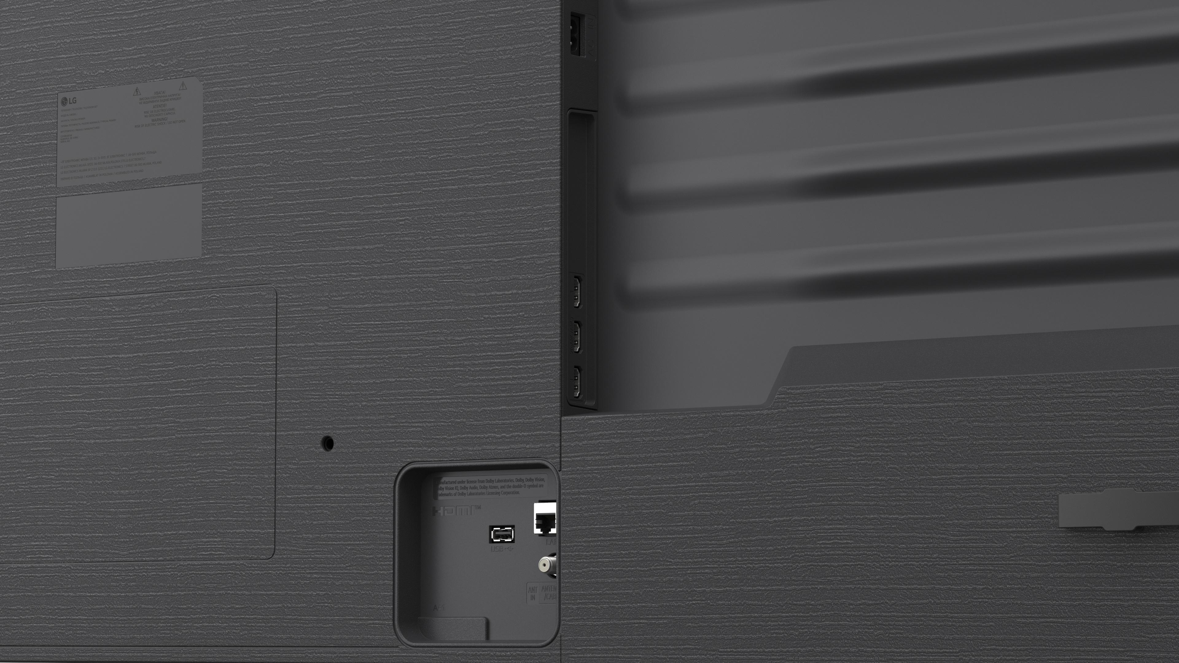 Rückseite eines Fernsehgeräts mit verschiedenen Anschlüssen und einem Etikett.