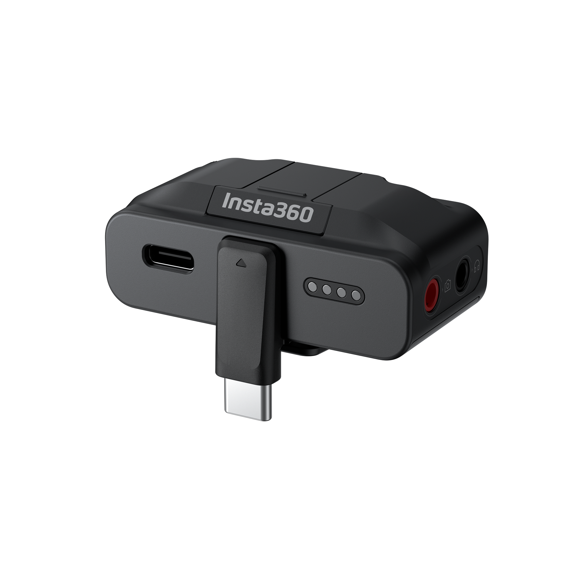 Schwarzer Insta360 Mikrofonadapter mit USB-C-Anschluss und Audio-Buchsen auf schwarzem Hintergrund.