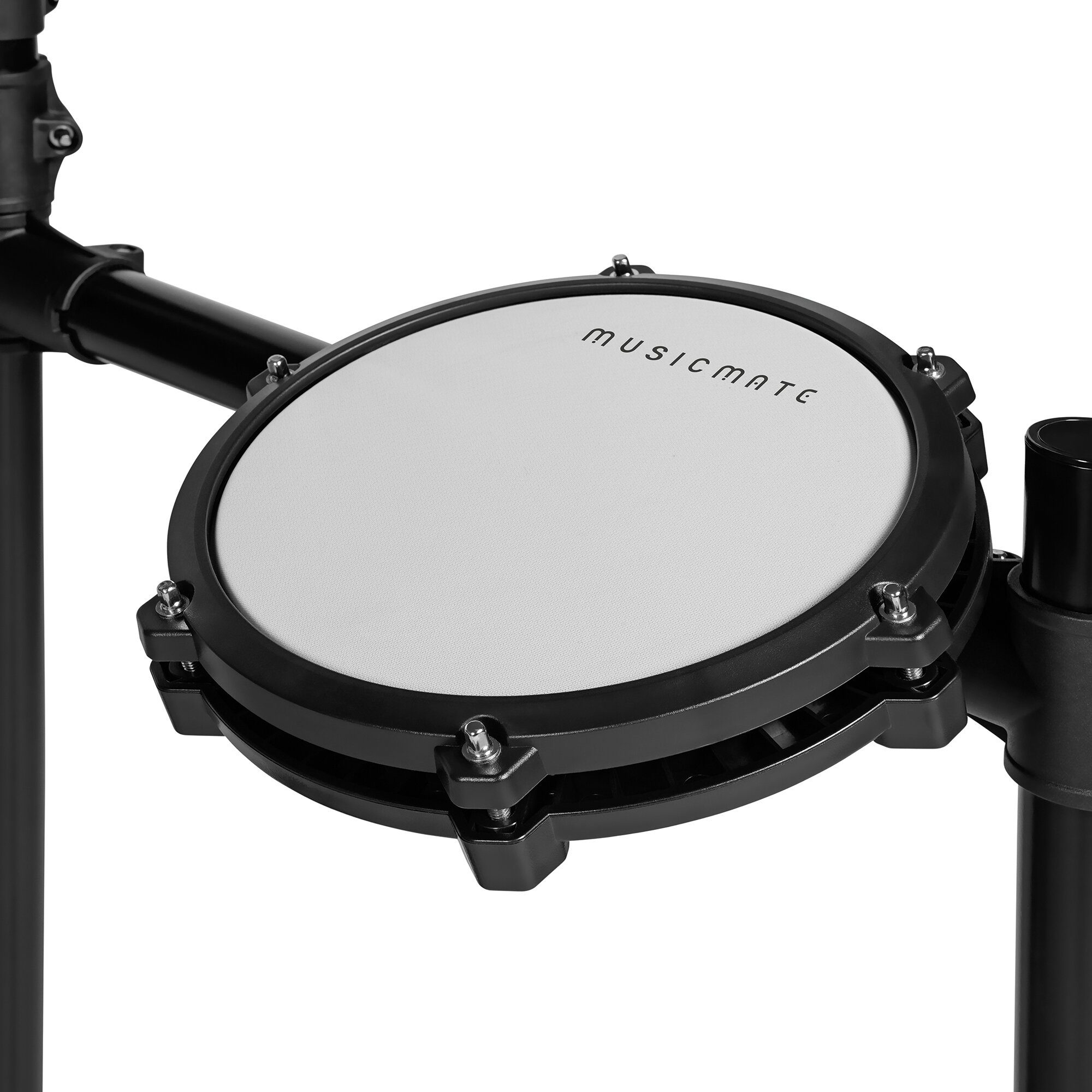 Biały elektroniczny pad perkusyjny Musicmate z czarnym rantem na statywie.