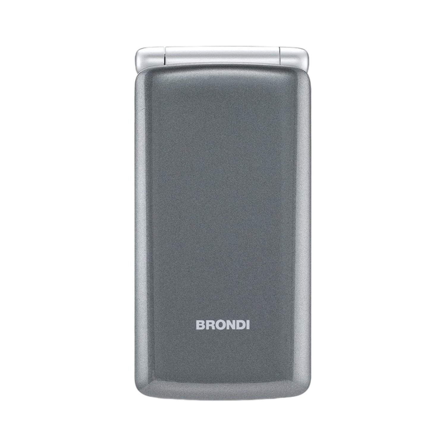 Un cellulare a conchiglia grigio chiuso della Brondi con dettagli argentati su sfondo bianco.