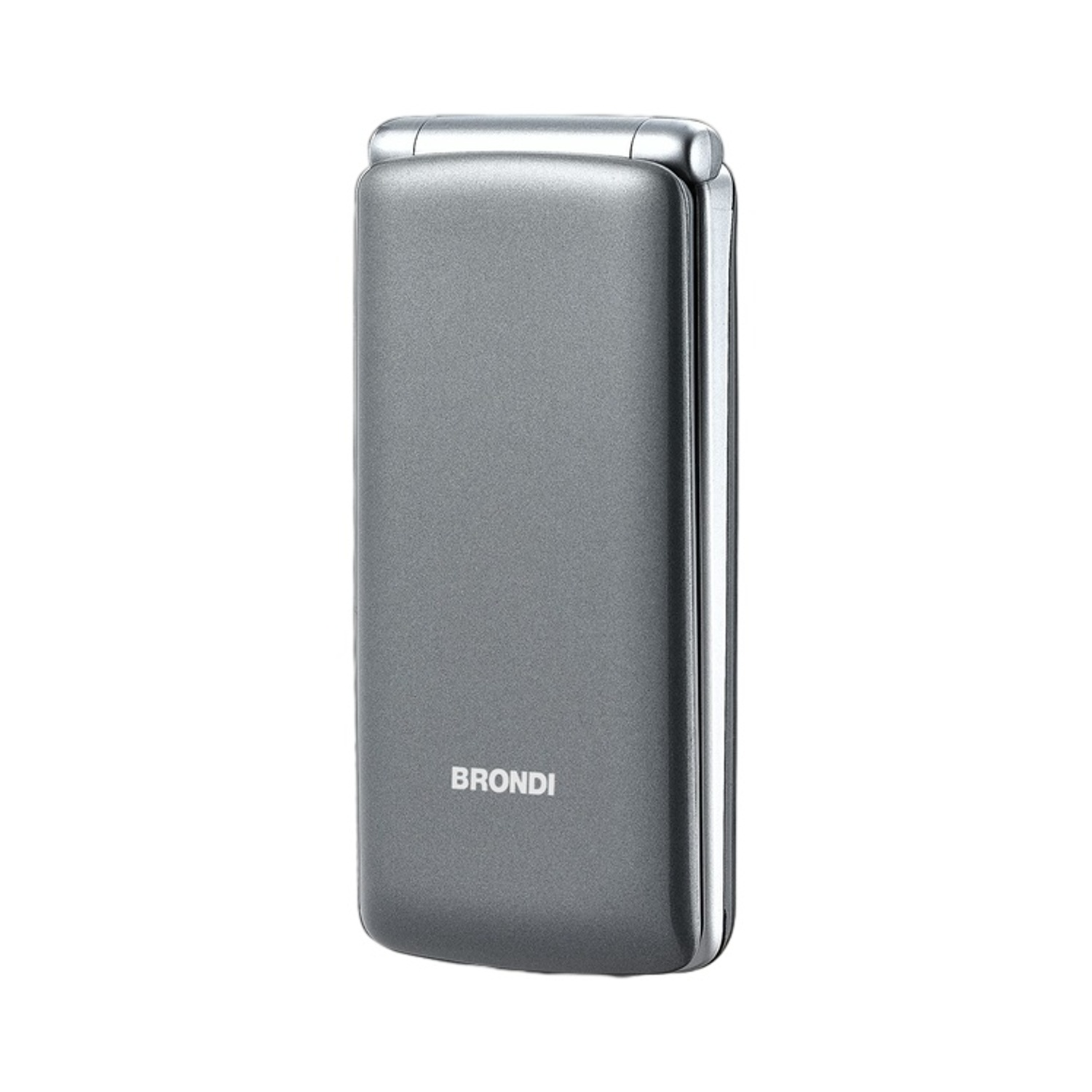 Un telefono cellulare a conchiglia Brondi grigio chiuso su sfondo bianco.