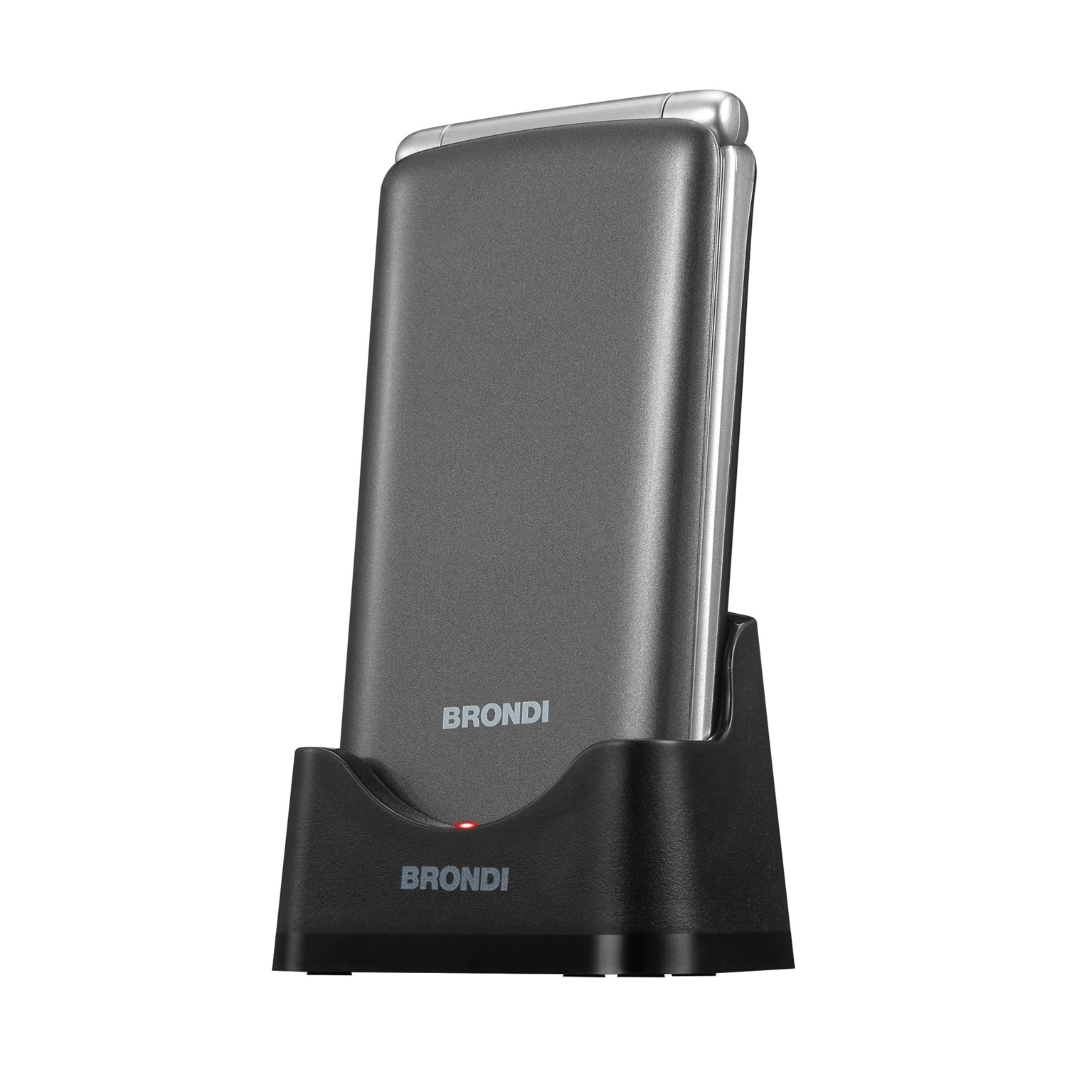 Un cellulare grigio è inserito in una base di ricarica nera con una spia LED rossa su sfondo bianco.
