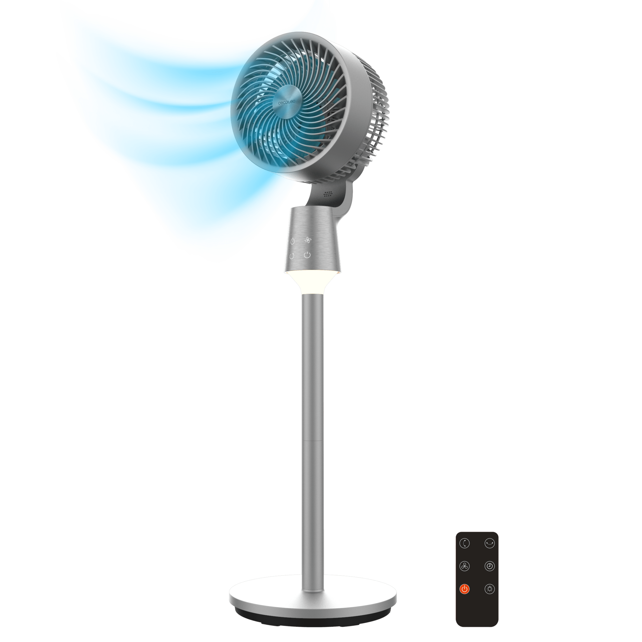 Un ventilador de pie plateado sobre fondo negro, con estelas de flujo de aire azul y un control remoto.