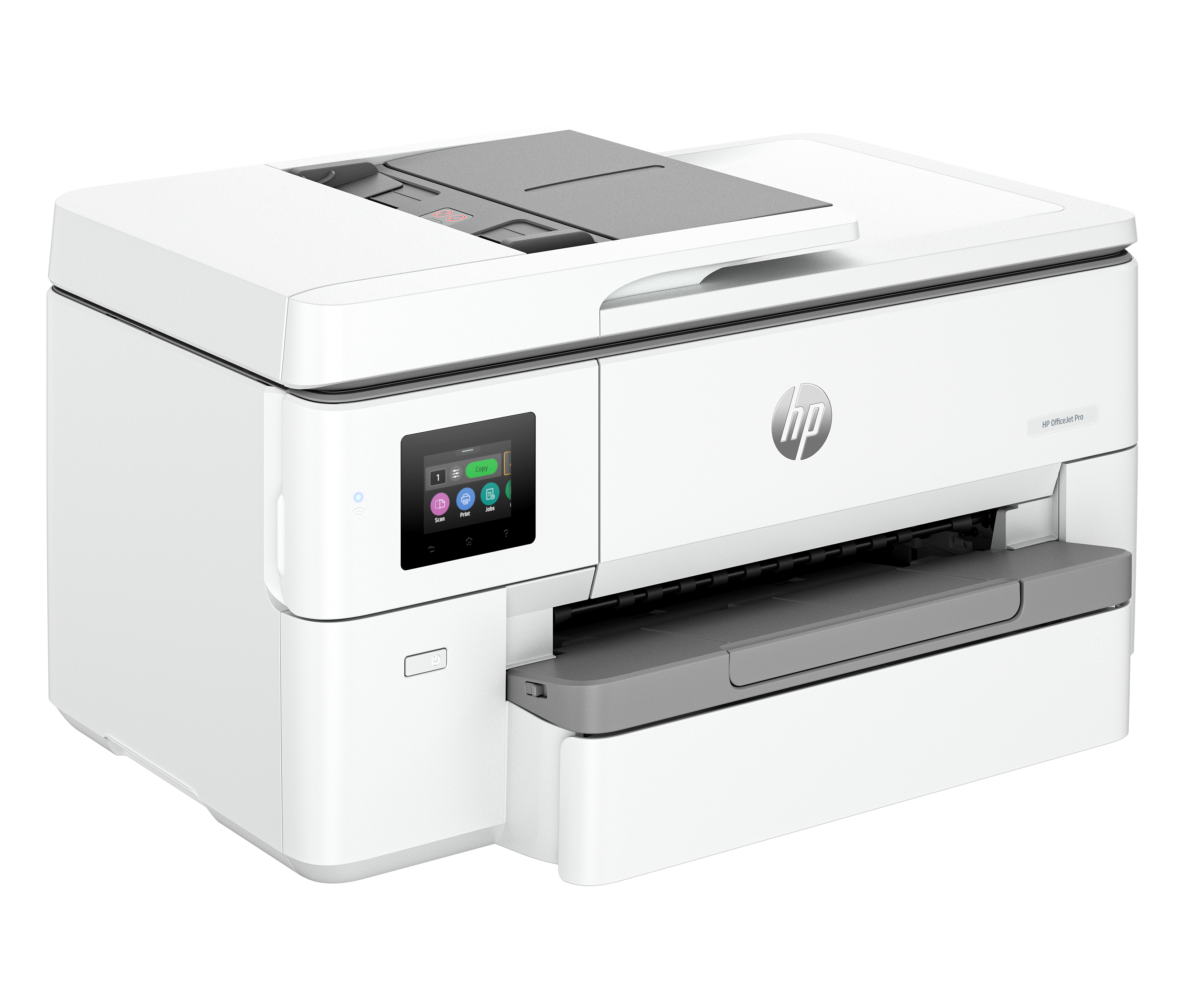 Une imprimante tout-en-un HP blanche avec écran tactile et bac à papier sur fond blanc.