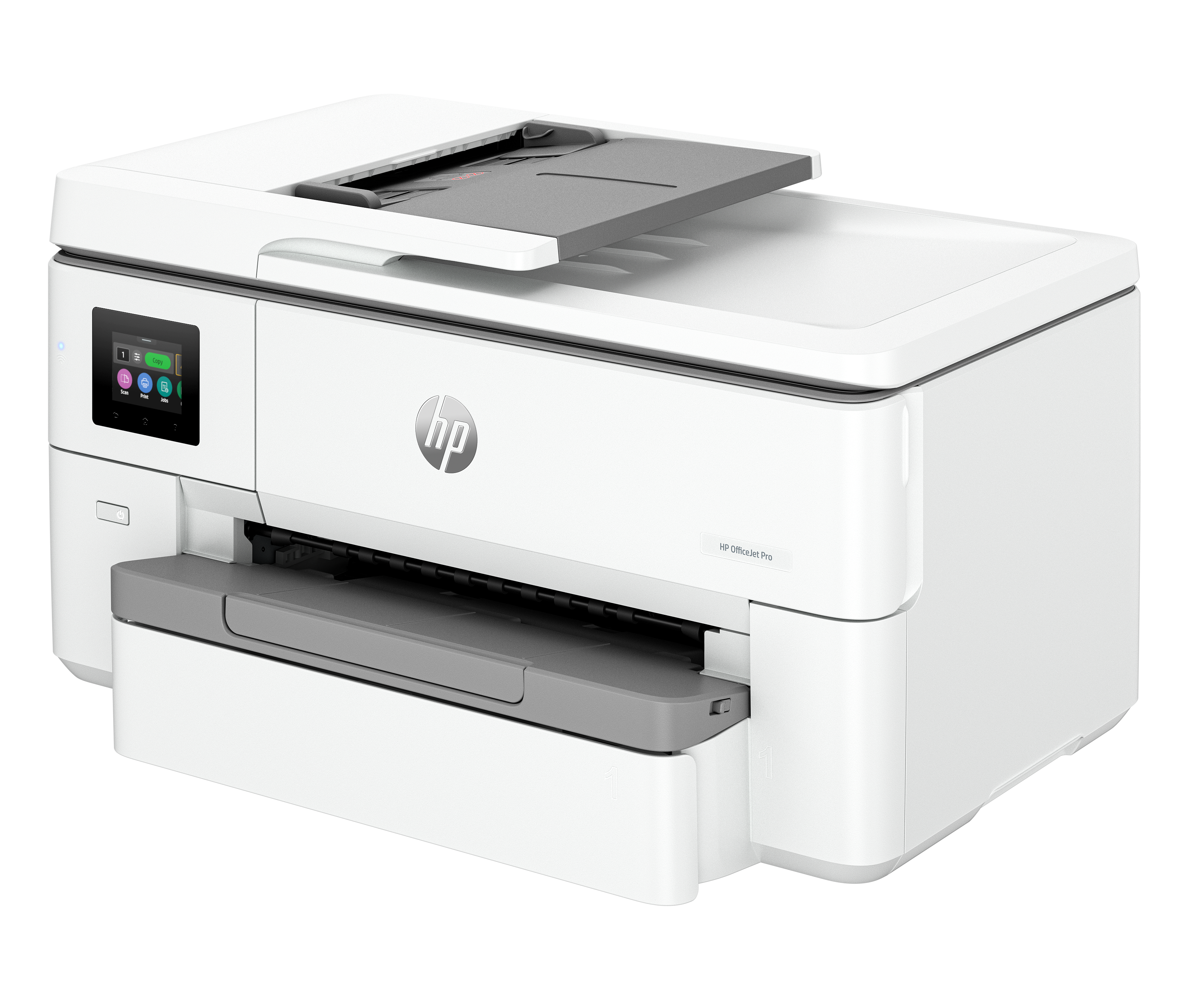 Une imprimante tout-en-un HP blanche avec écran tactile et bacs à papier gris sur fond blanc.