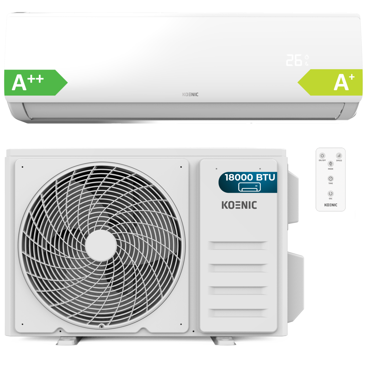 Aire acondicionado Split 1 x 1 - Koenic KAC 18026 ES IDP Split Air Conditioner, 18.000 BTU, Inverter, Bomba de calor, 5 modos, 8 velocidades, Blanco