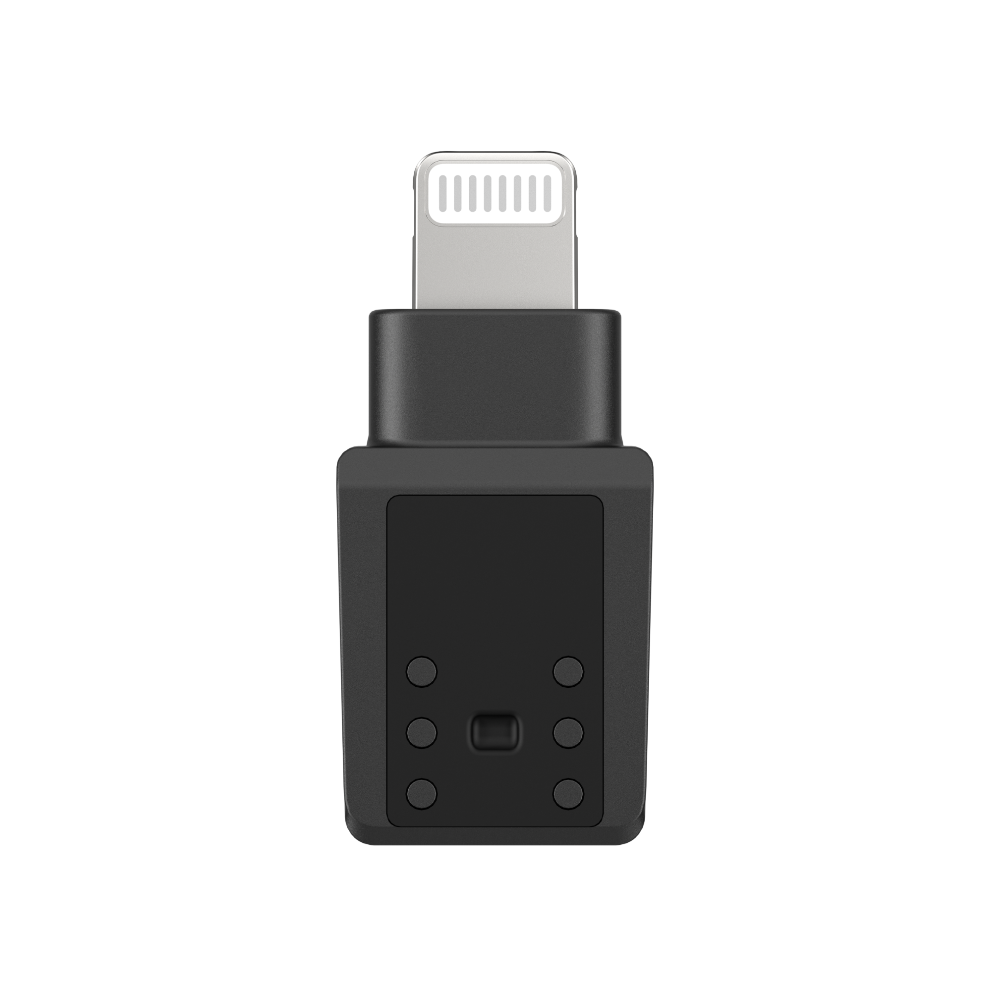 Ein schwarzer Adapter mit silbernem Lightning-Anschluss und sechs kleinen runden Tasten auf schwarzem Grund.