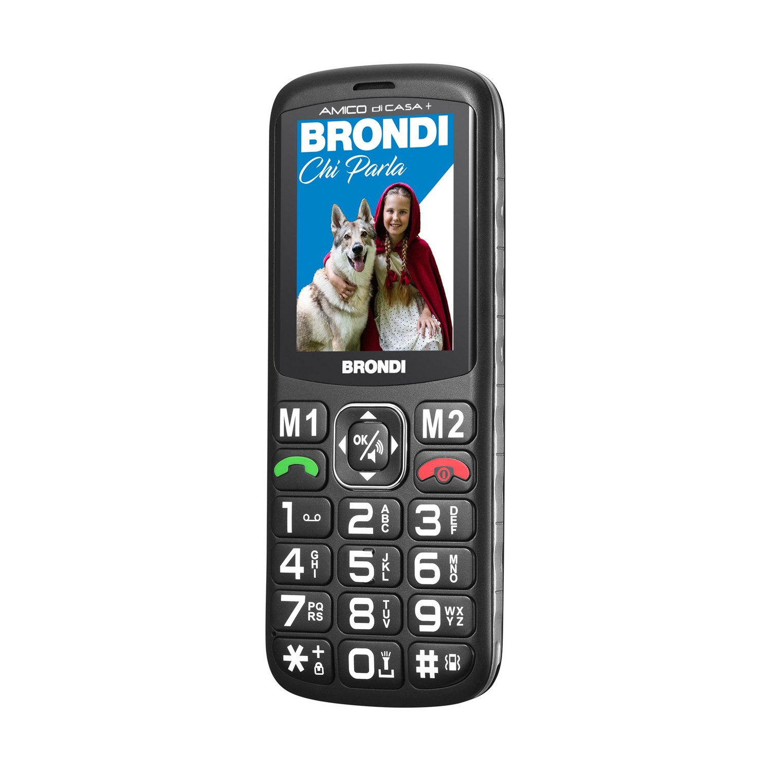 Cellulare per anziani Brondi nero con tasti grandi e schermo a colori che mostra una ragazza e un cane.