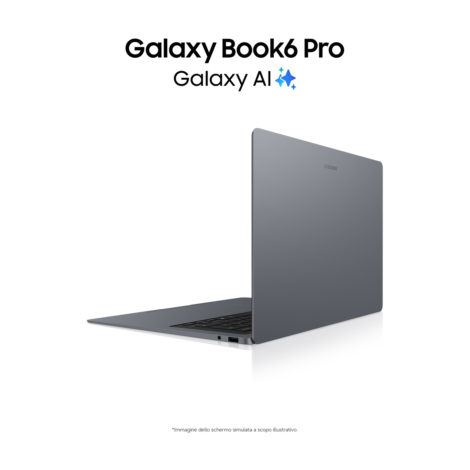Un laptop grigio Samsung Galaxy Book6 Pro si trova su una superficie bianca con testo sopra.