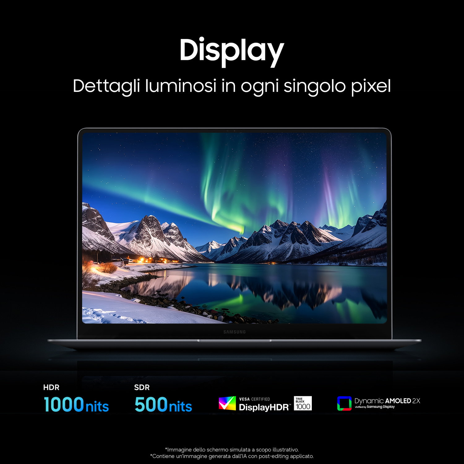 Laptop con display vivido che mostra aurore boreali su montagne innevate.