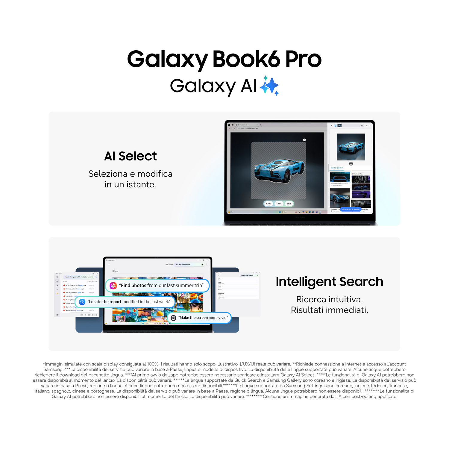 Una pubblicità del Galaxy Book6 Pro che mostra le funzioni AI Select e Intelligent Search.