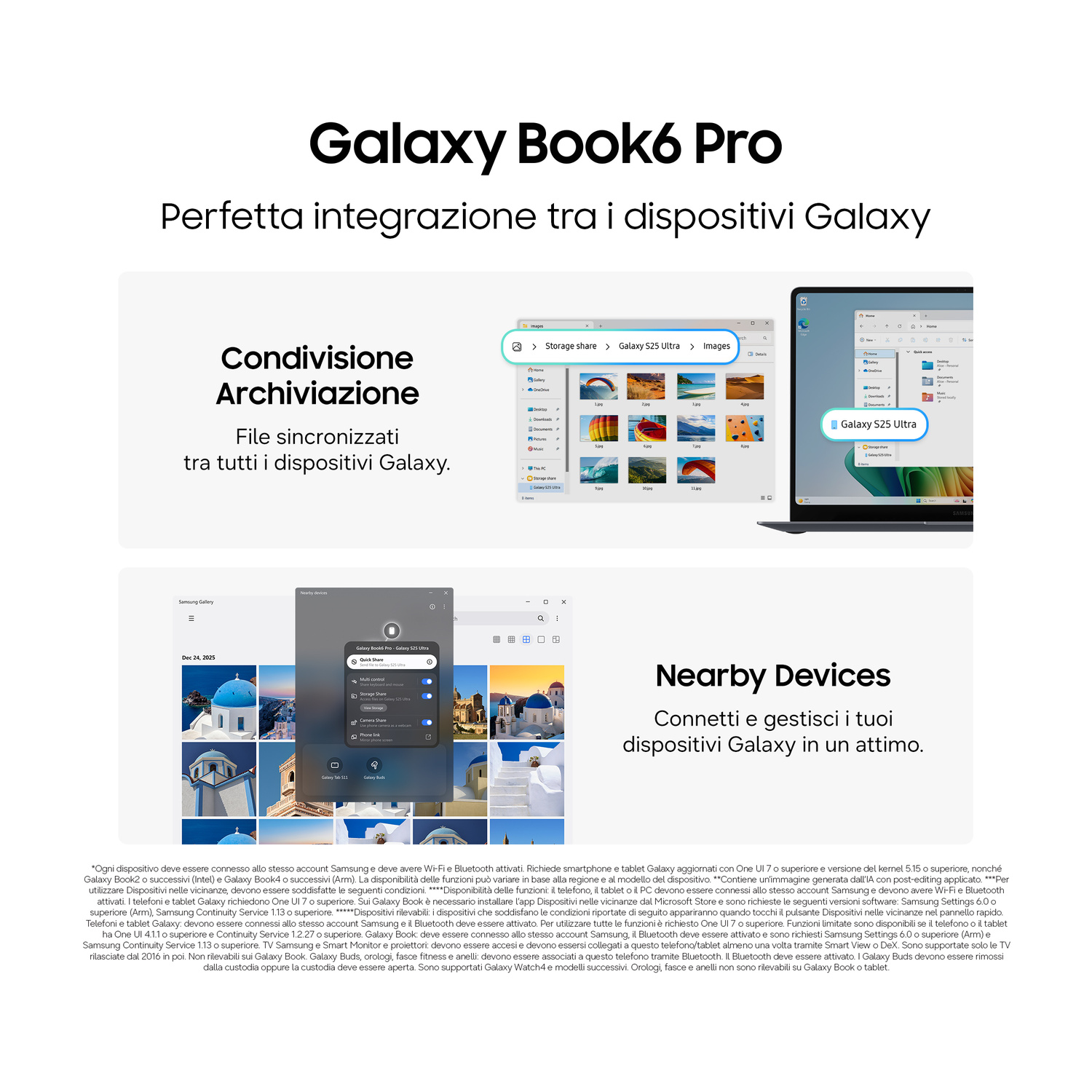 Pubblicità del Galaxy Book6 Pro che mostra la condivisione file e i dispositivi connessi.