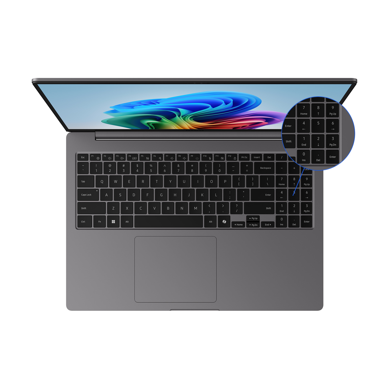 Laptop grigio con un ingrandimento del tastierino numerico in alto a destra.