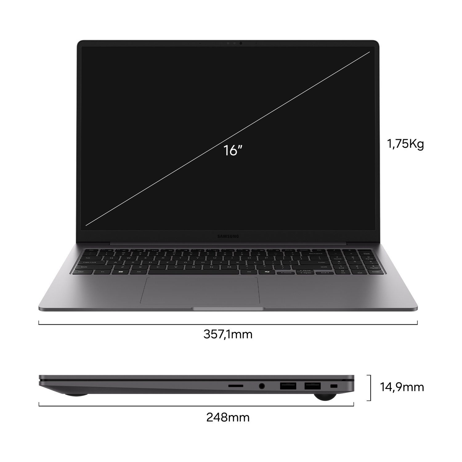 Laptop grigio Samsung con dimensioni, schermo da 16 pollici e peso di 1,75 kg.