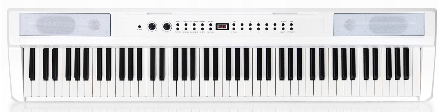 Biały keyboard elektroniczny z czarnymi klawiszami, pokrętłami regulacyjnymi i wbudowanymi głośnikami.